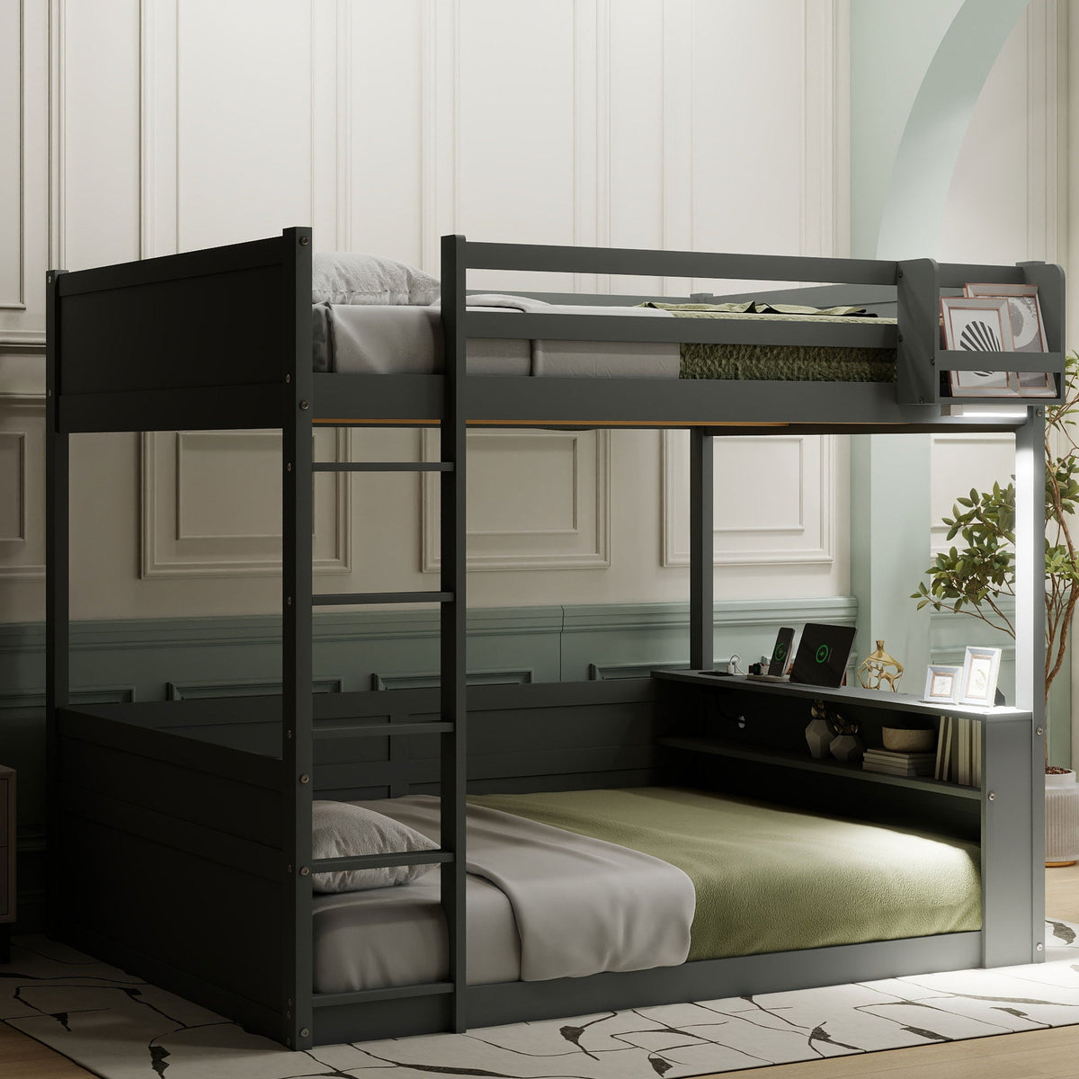 Queen Size Wooden Bunk Bed with Built-in Shelves and Storage