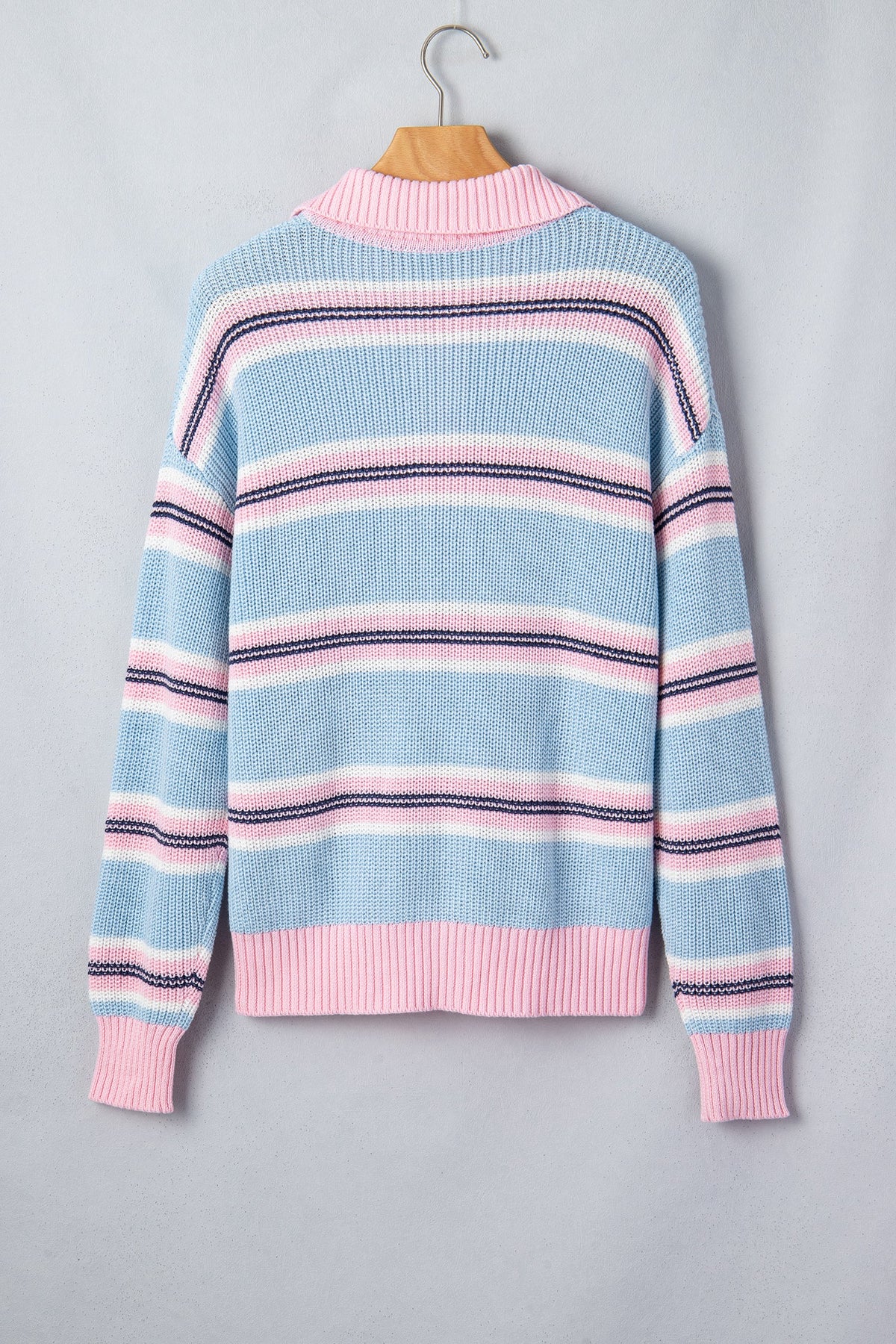 Stripe Ribbed Trim Buttoned Collar Long Sleeve Sweater