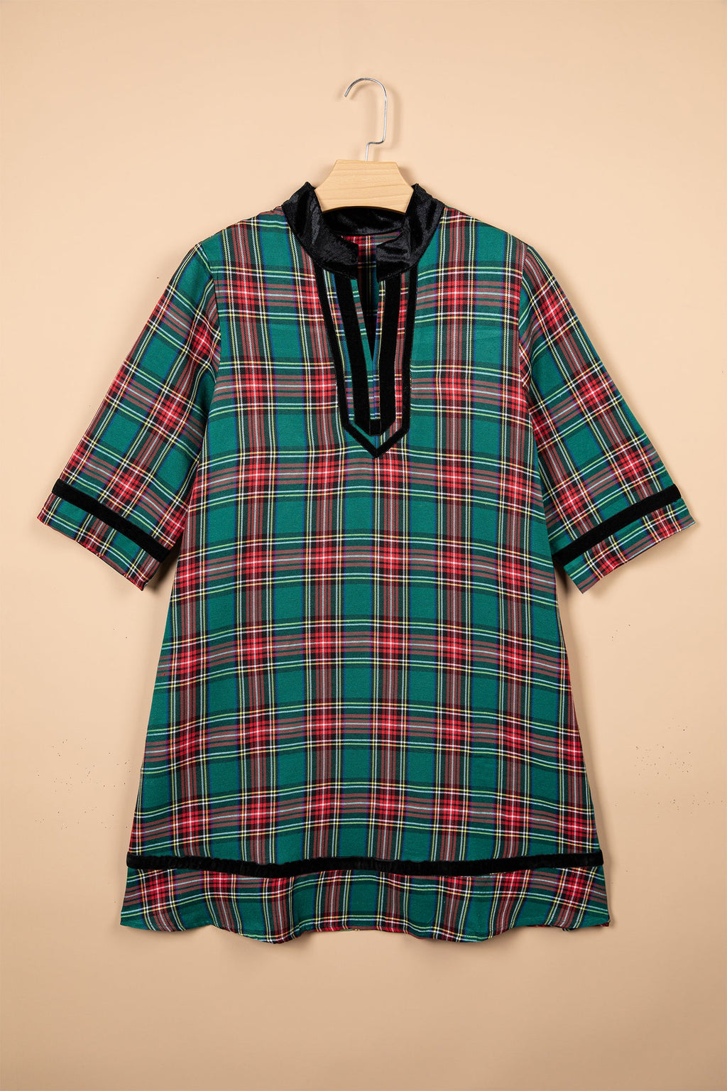 Green Plaid Velvet Trim Pockets Short Shift Dress