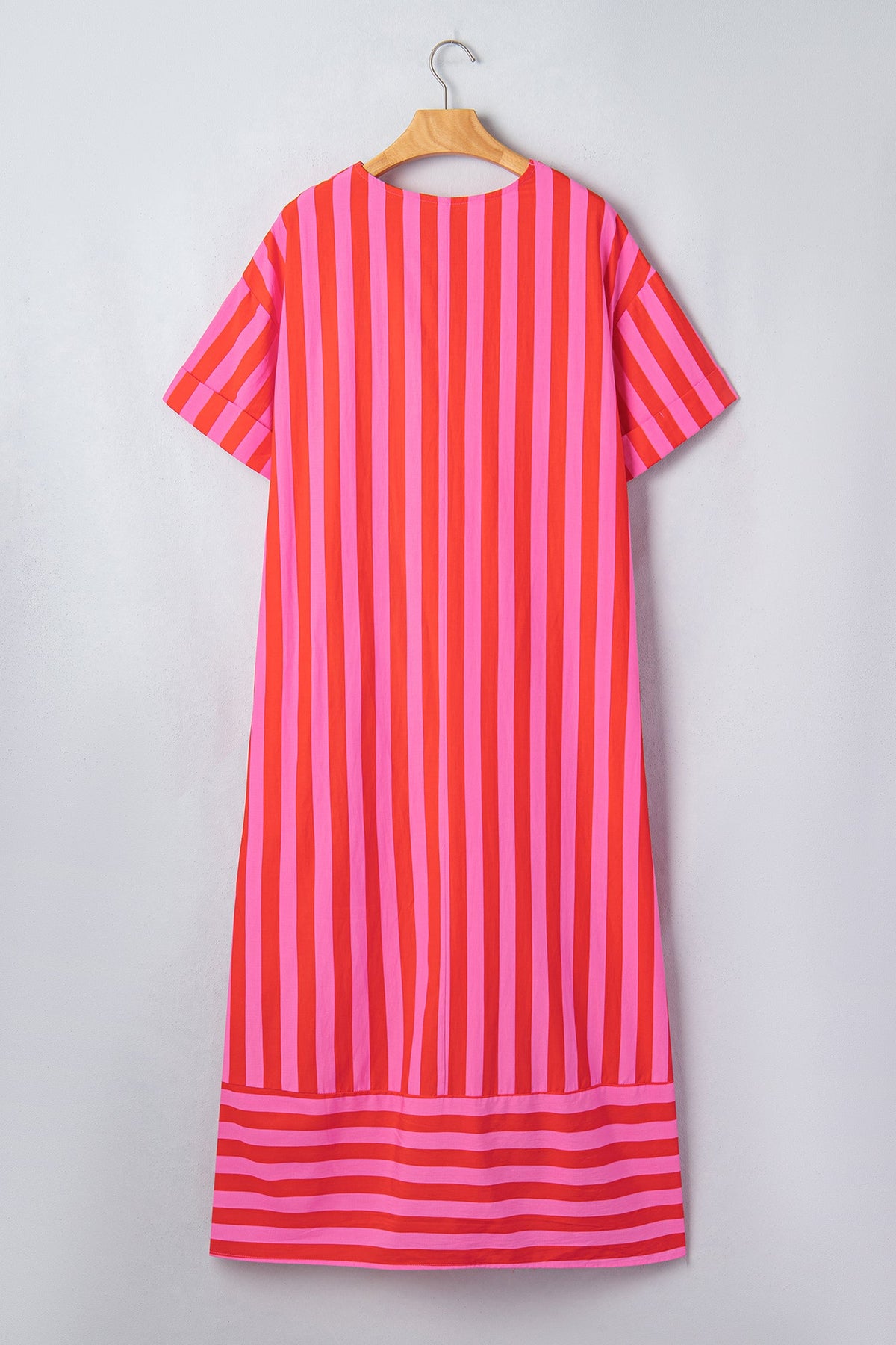 Stripe V-Neck Cuffed Sleeve Split Midi Dress