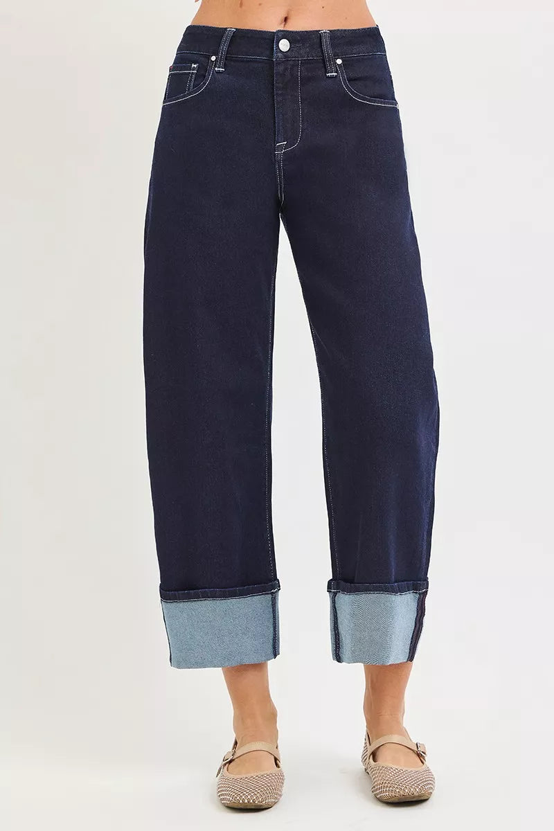 Dark Wash Slouchy Crop Barrel Cuffed Hem Jeans by Risen