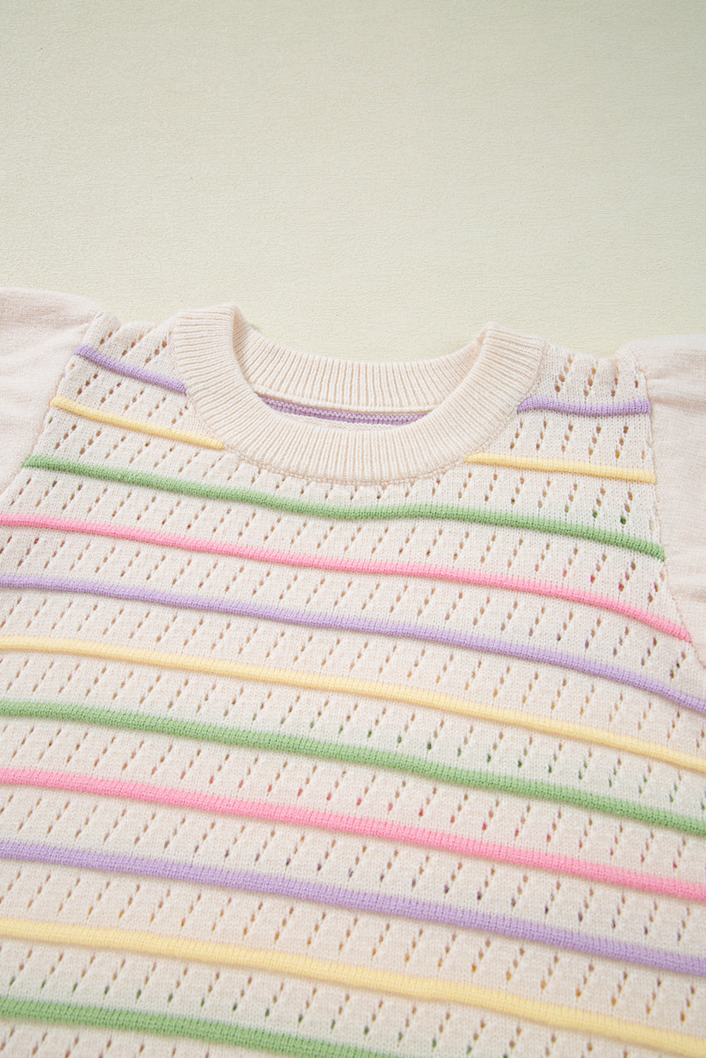 Stripe Eyelet Knit Ruffle Sleeve Sweater