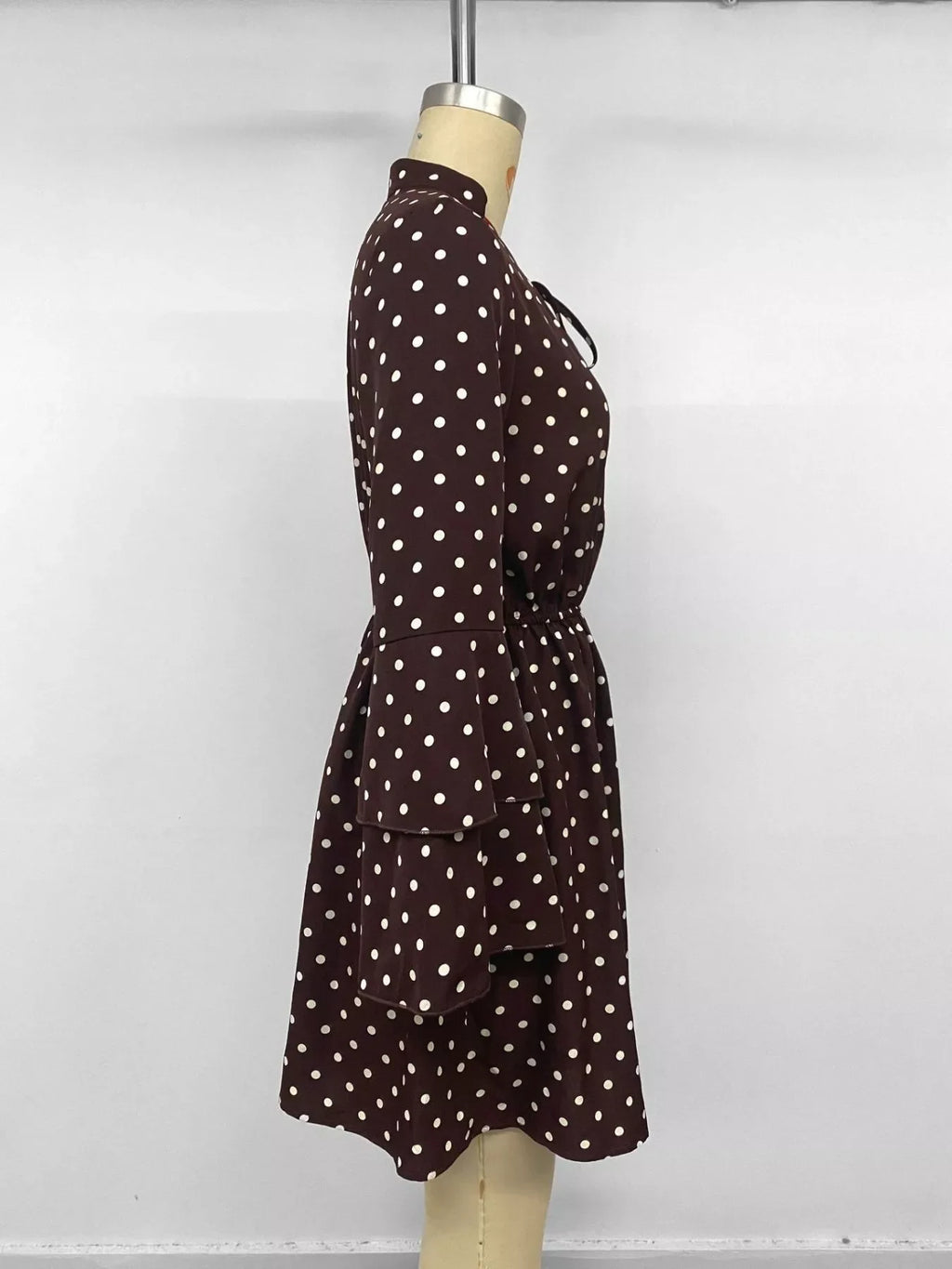 Polka Dot Flare Sleeve Tie Neck Dress