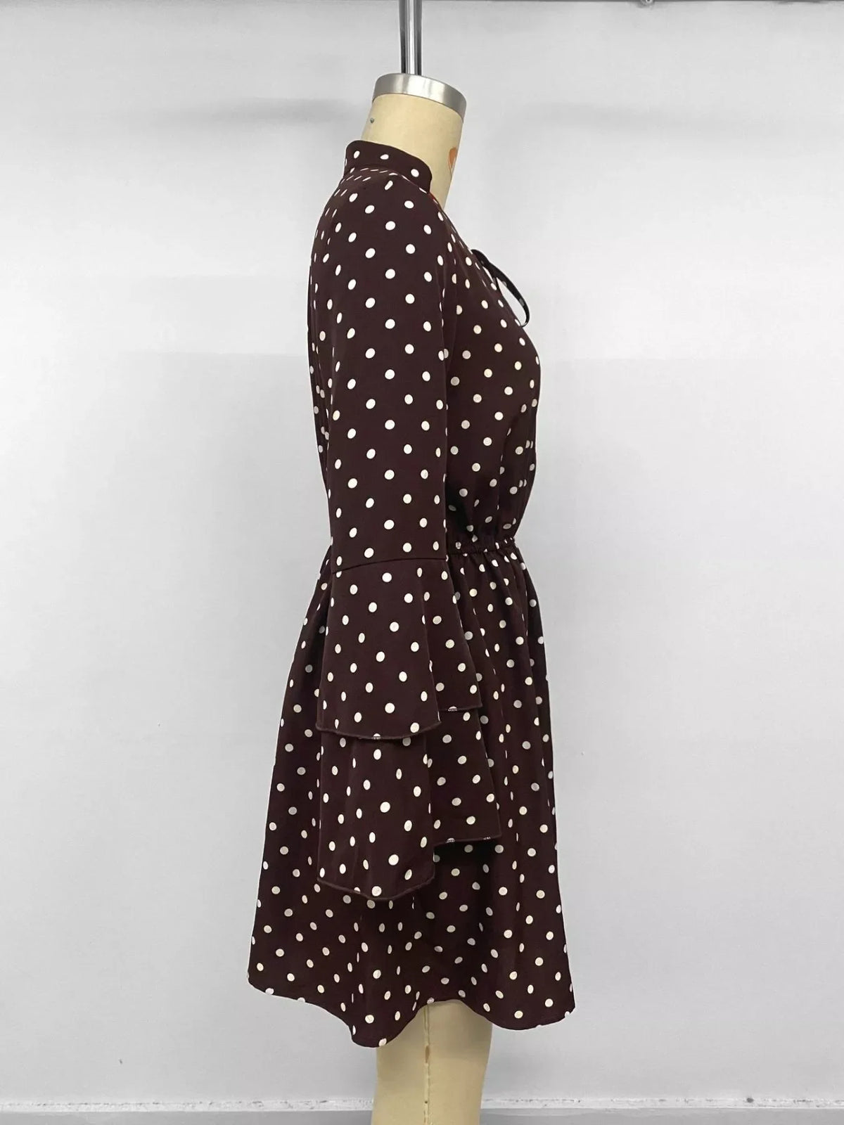 Polka Dot Flare Sleeve Tie Neck Dress