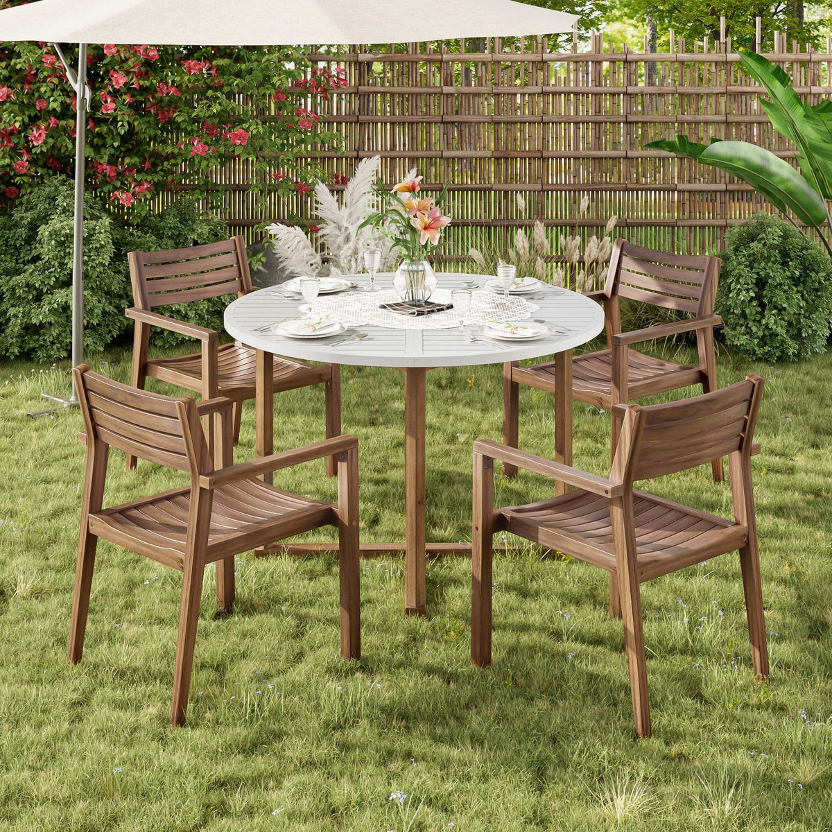 U-Style 5-Piece Outdoor Dining Set with 4 Acacia Wood Chairs