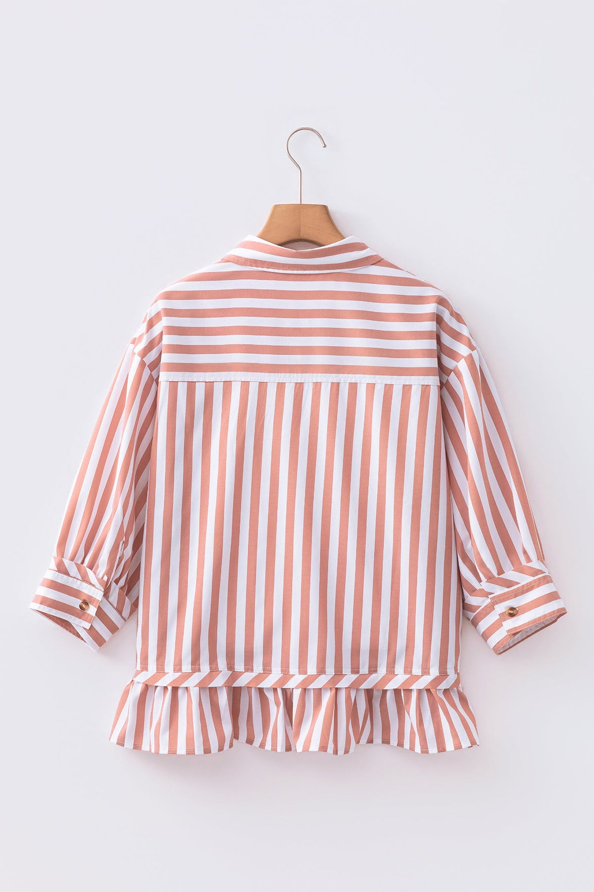 Khaki Stripe Collar Button Front Bracelet Sleeve Ruffle Hem Shirt
