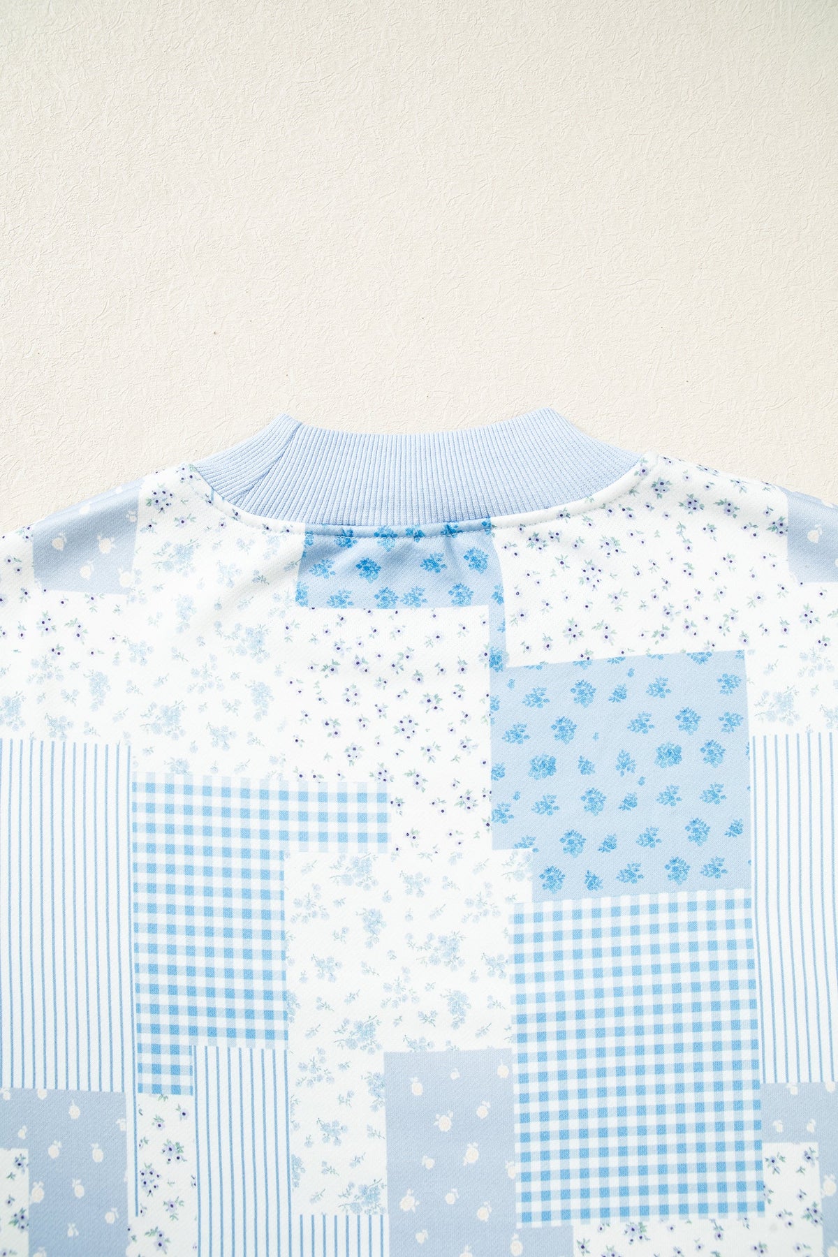 Sky Blue Patchwork Floral Print Mock Neck Long Sleeve Sweatshirt