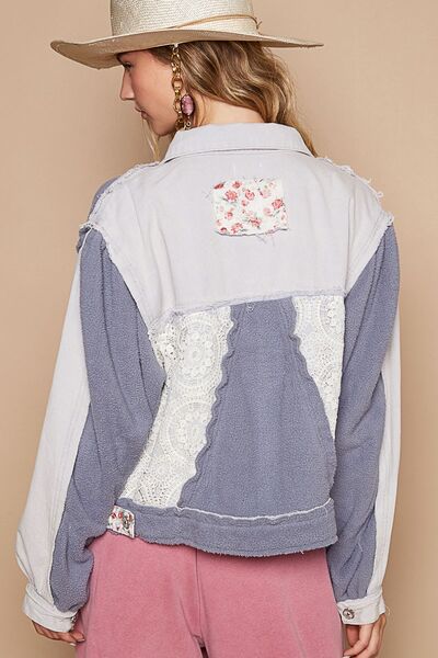 Classic Artistic Crochet Patch Exposed Seam Button Up Jacket Chic & Edgy Outerwear