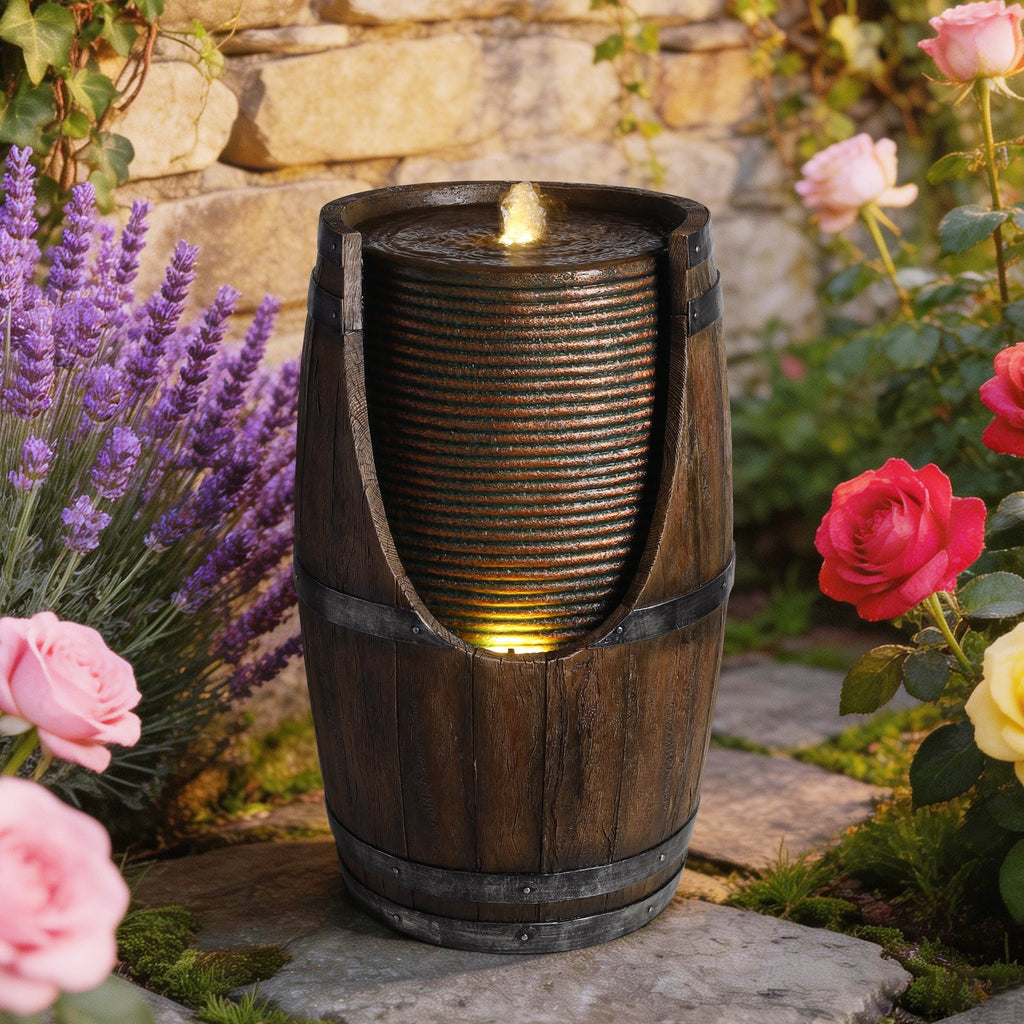 Outdoor Barrel Water Fountain with Lights