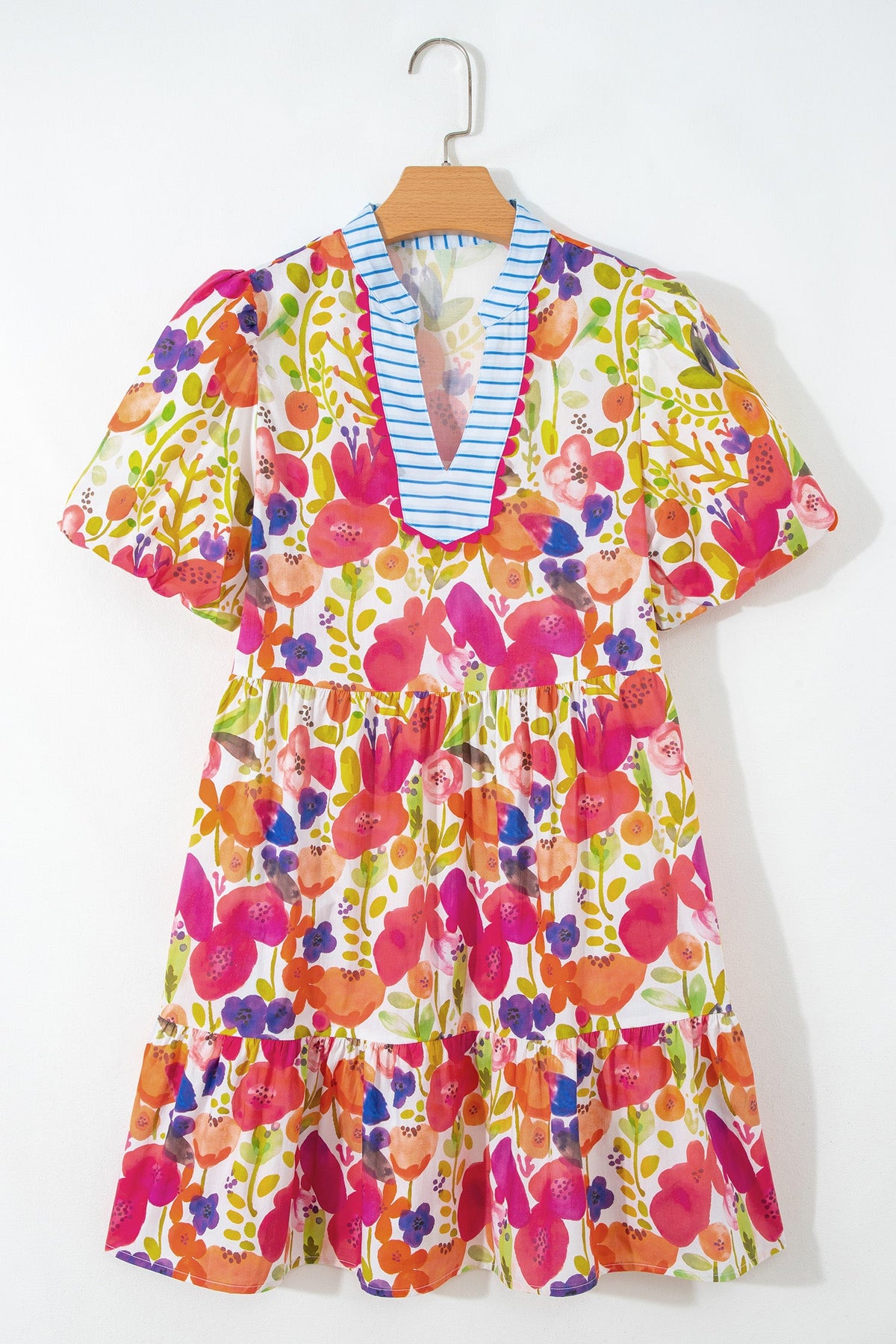 Floral Ricrac Trim Stripe Patchwork V-Neck Dress
