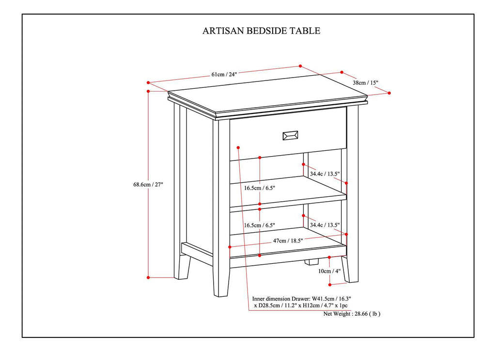 Artisan 24 Inch Wide Solid Wood Bedside Table