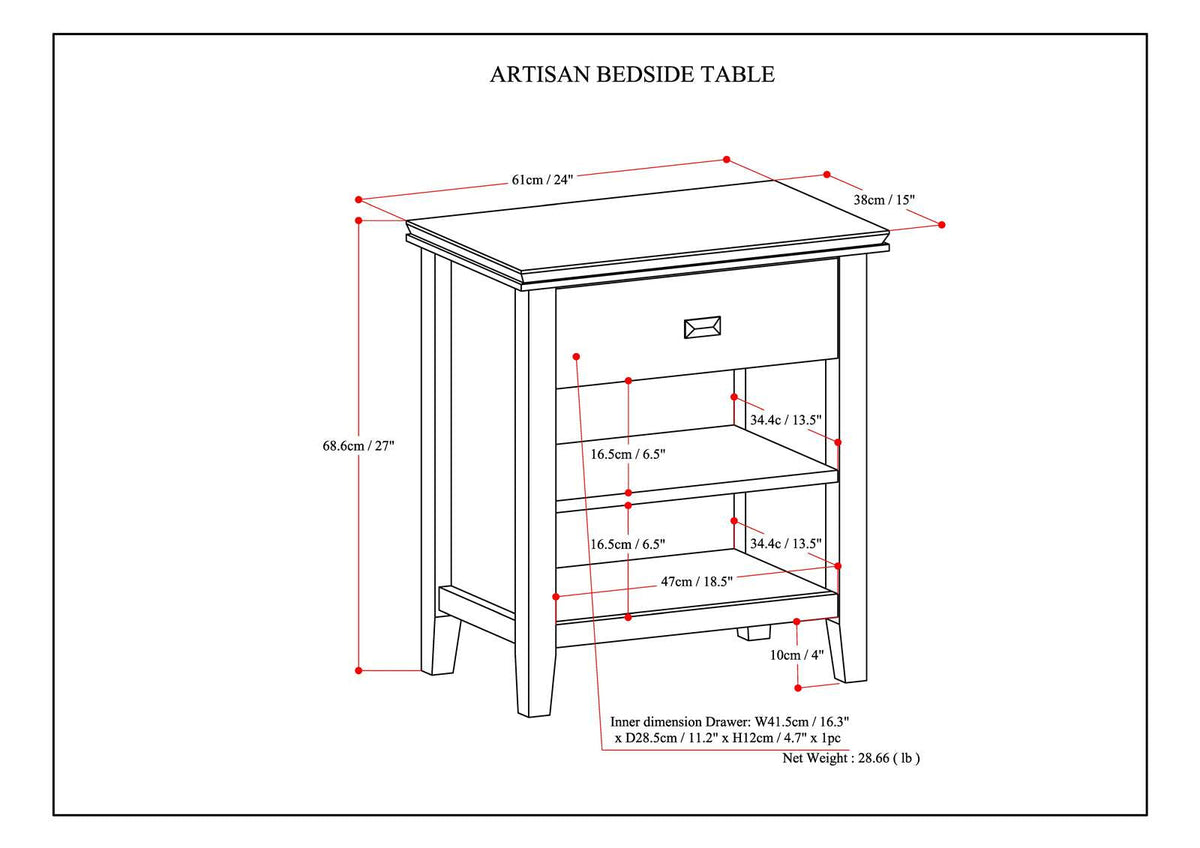 Artisan 24 Inch Wide Solid Wood Bedside Table