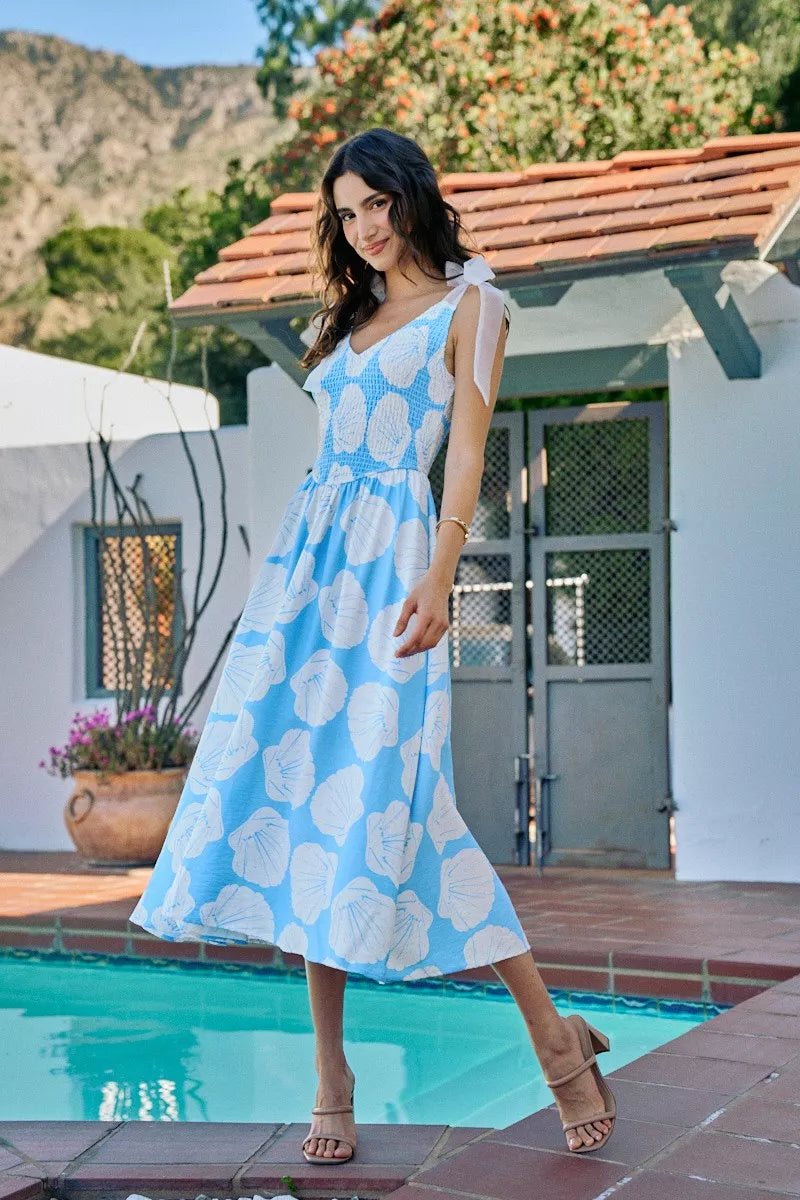 Blue Shell Smocked Bodice Shoulder Tie Lined Midi Dress by So Me