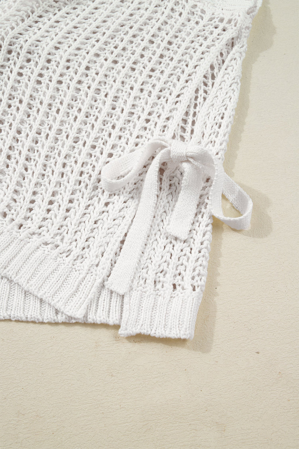 White Plus Size Open Knit Bow Tie Short Sleeve Sweater