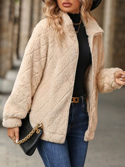 Women's Fuzzy Zip-Up Jacket with Pockets – Soft & Cozy Long Sleeve Outerwear