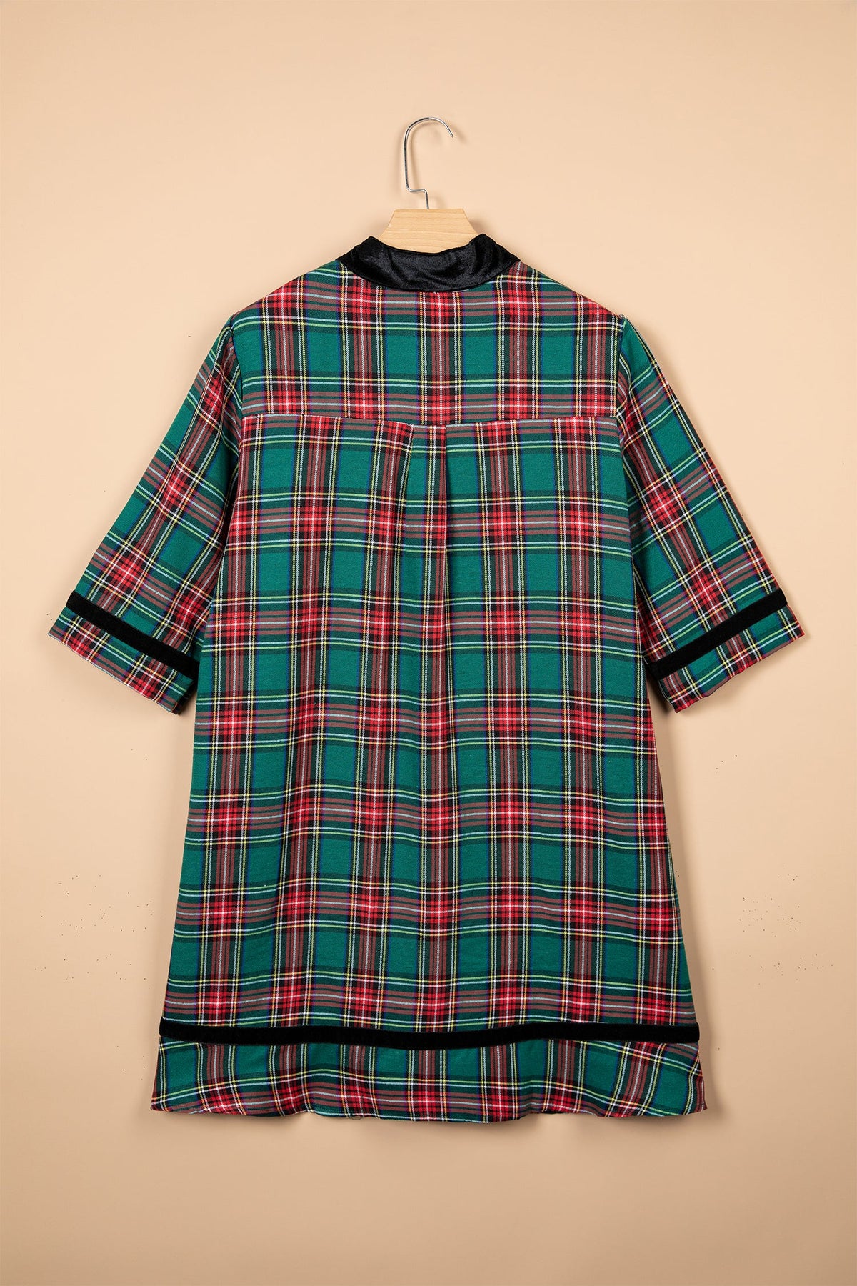Green Plaid Velvet Trim Pockets Short Shift Dress