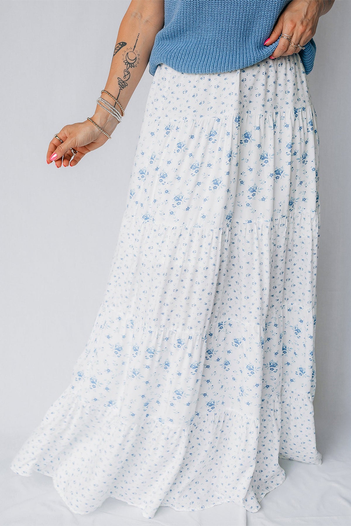 Sky Blue High Waist Tiny Floral Print Boho Maxi Skirt