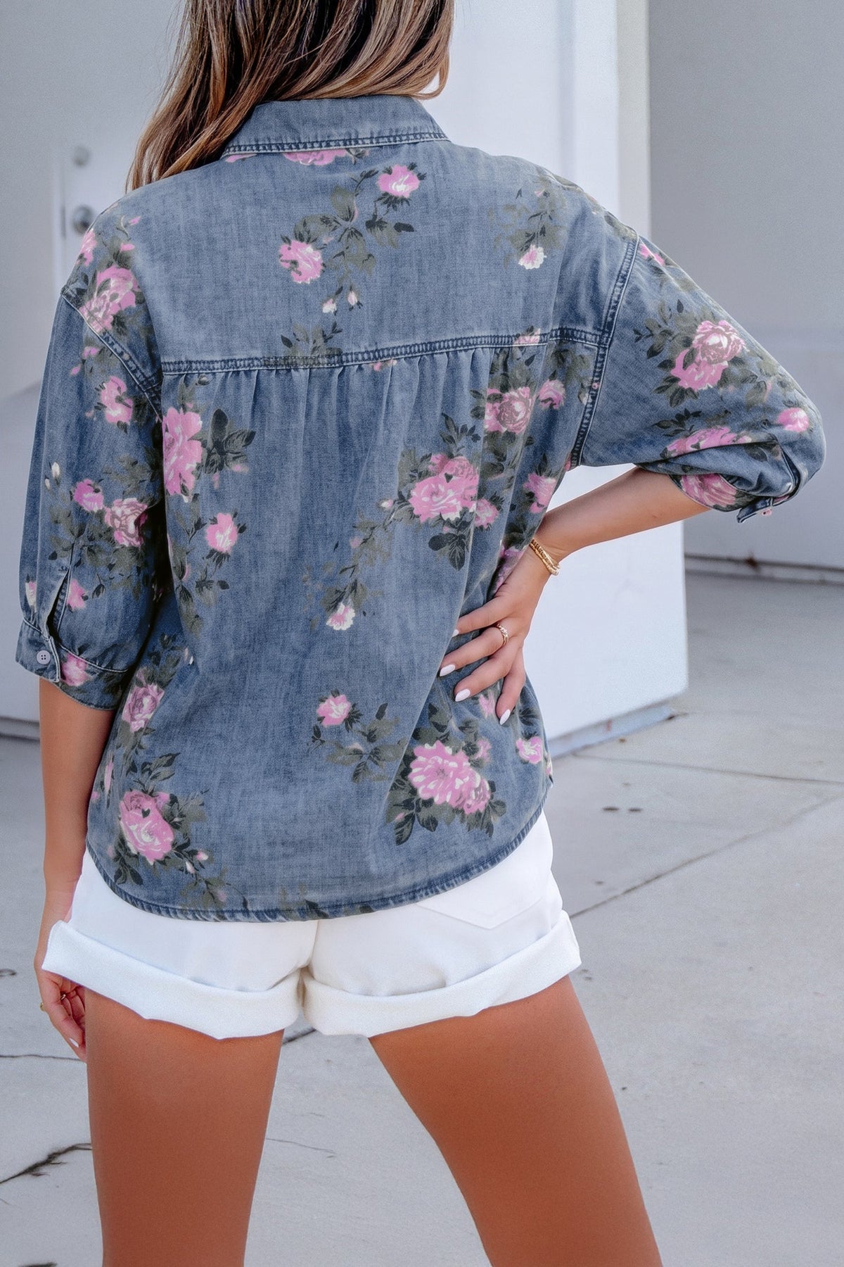 Blue Bracelet Sleeve Floral Denim Shirt