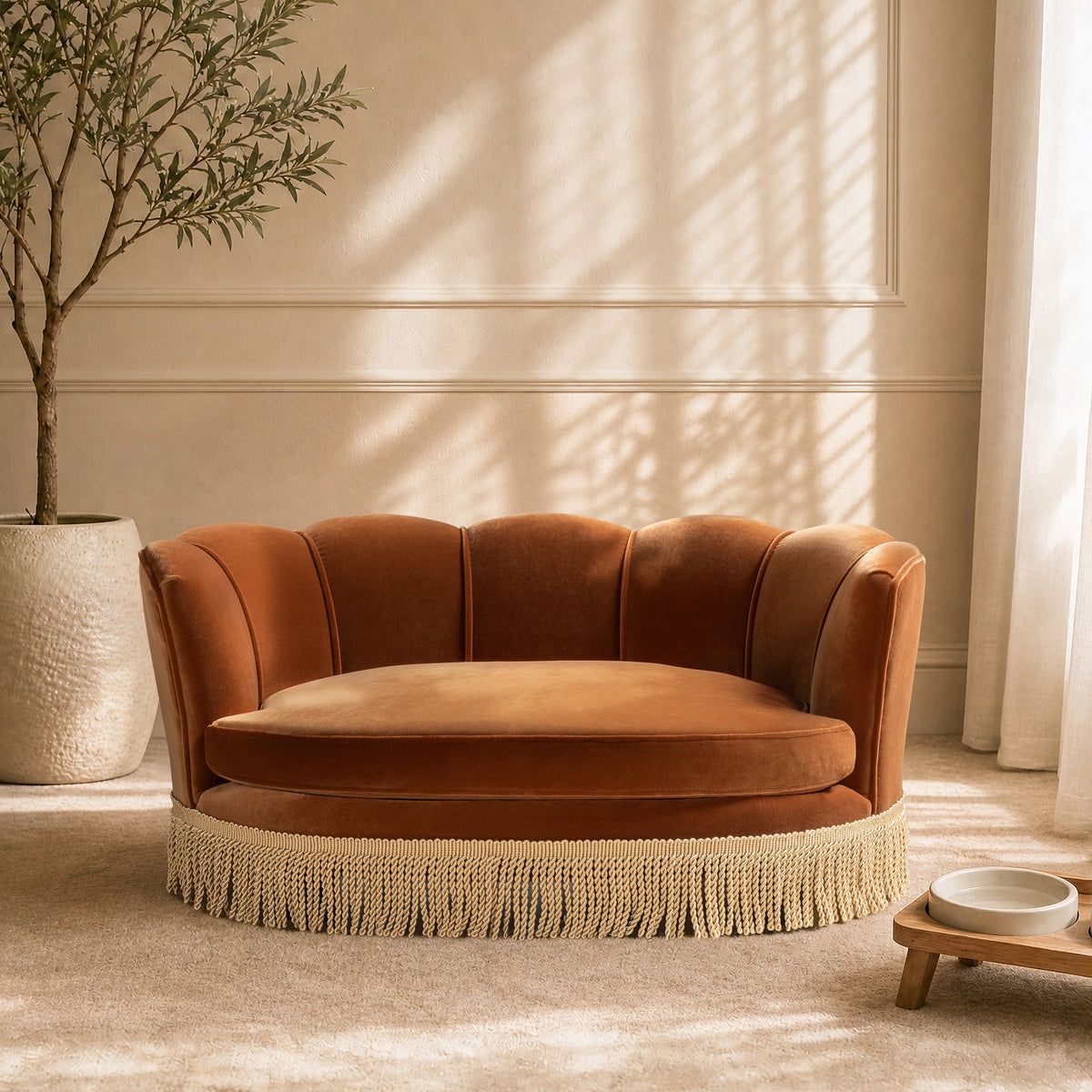 Clara 34.5" Scalloped Pet Sofa Bed, Medium, Burnt