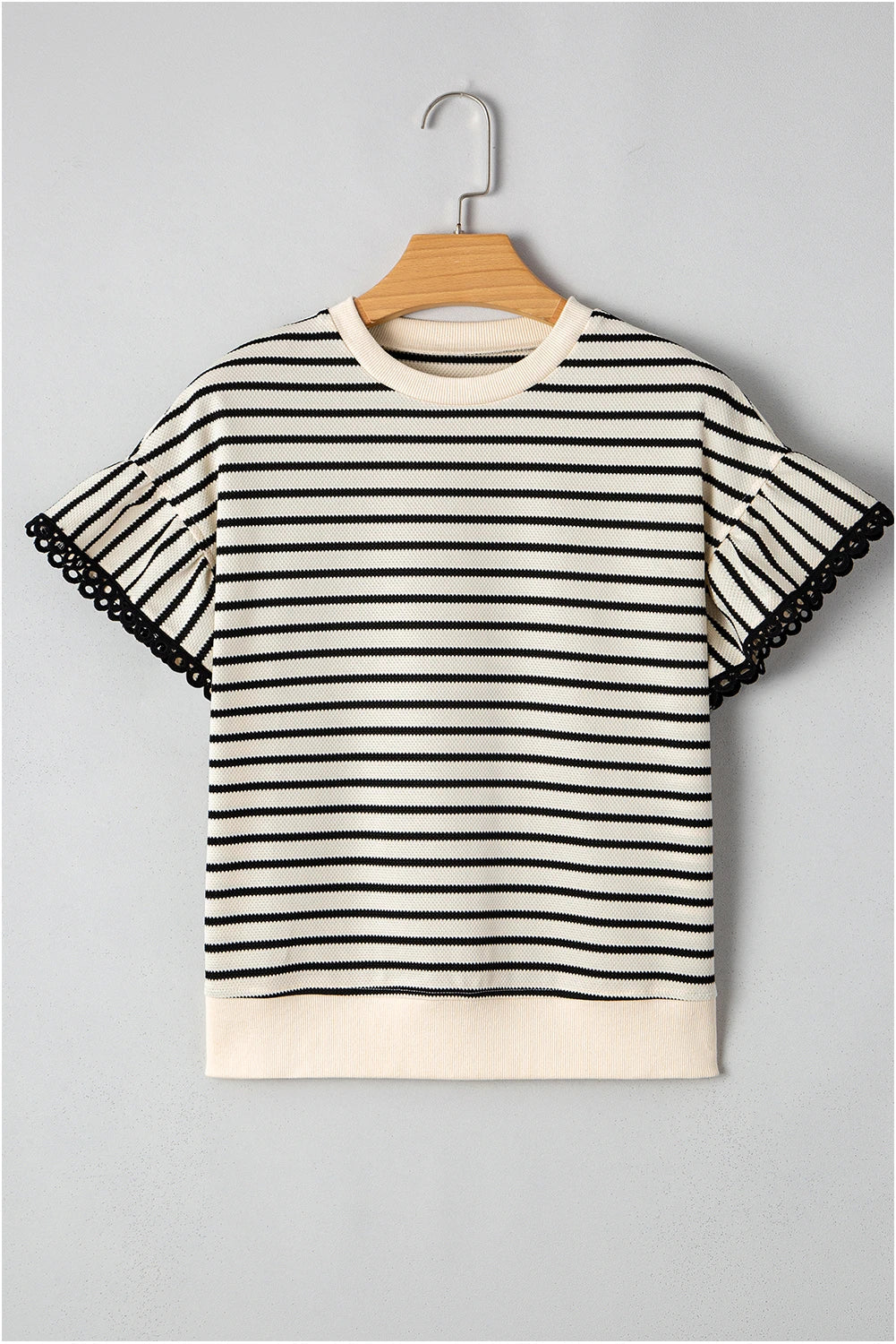 Stripe Scallop Lace Trim Ruffle Short Sleeve Top