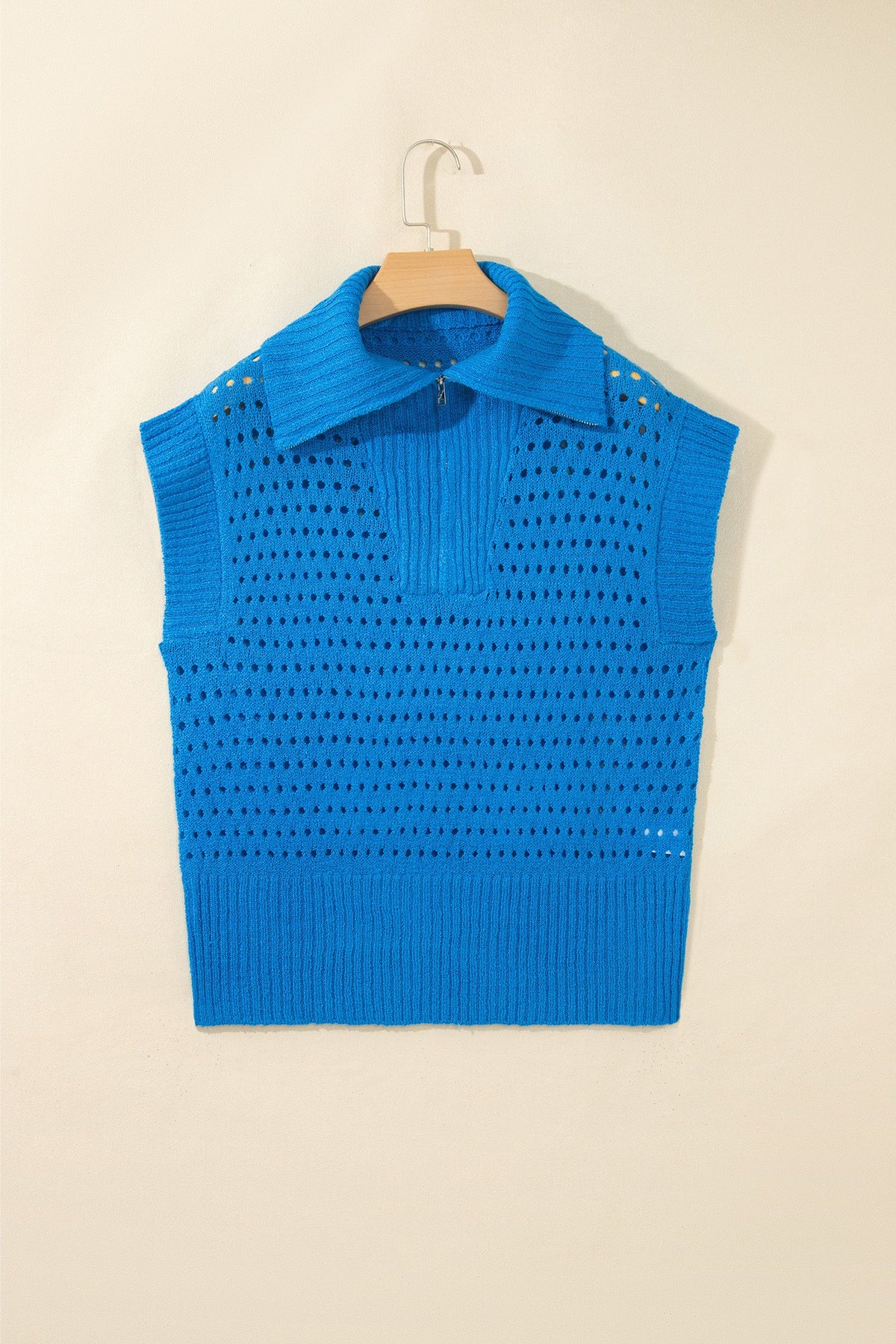 Solid Hollowed Knit Zipped Collar Short Sleeve Top