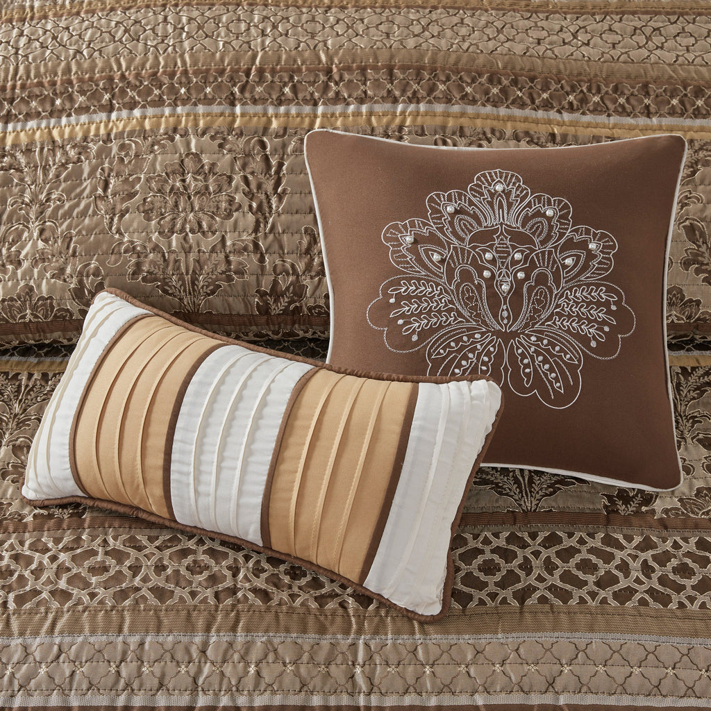 6 Piece Jacquard Quilt Set with Throw Pillows Brown/Gold King/Cal King
