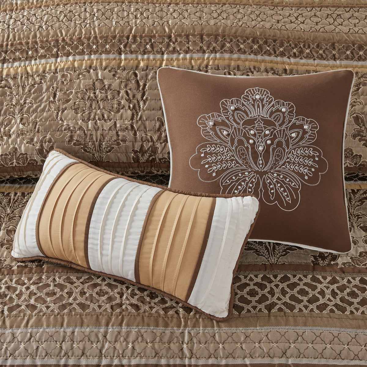 6 Piece Jacquard Quilt Set with Throw Pillows Brown/Gold King/Cal King