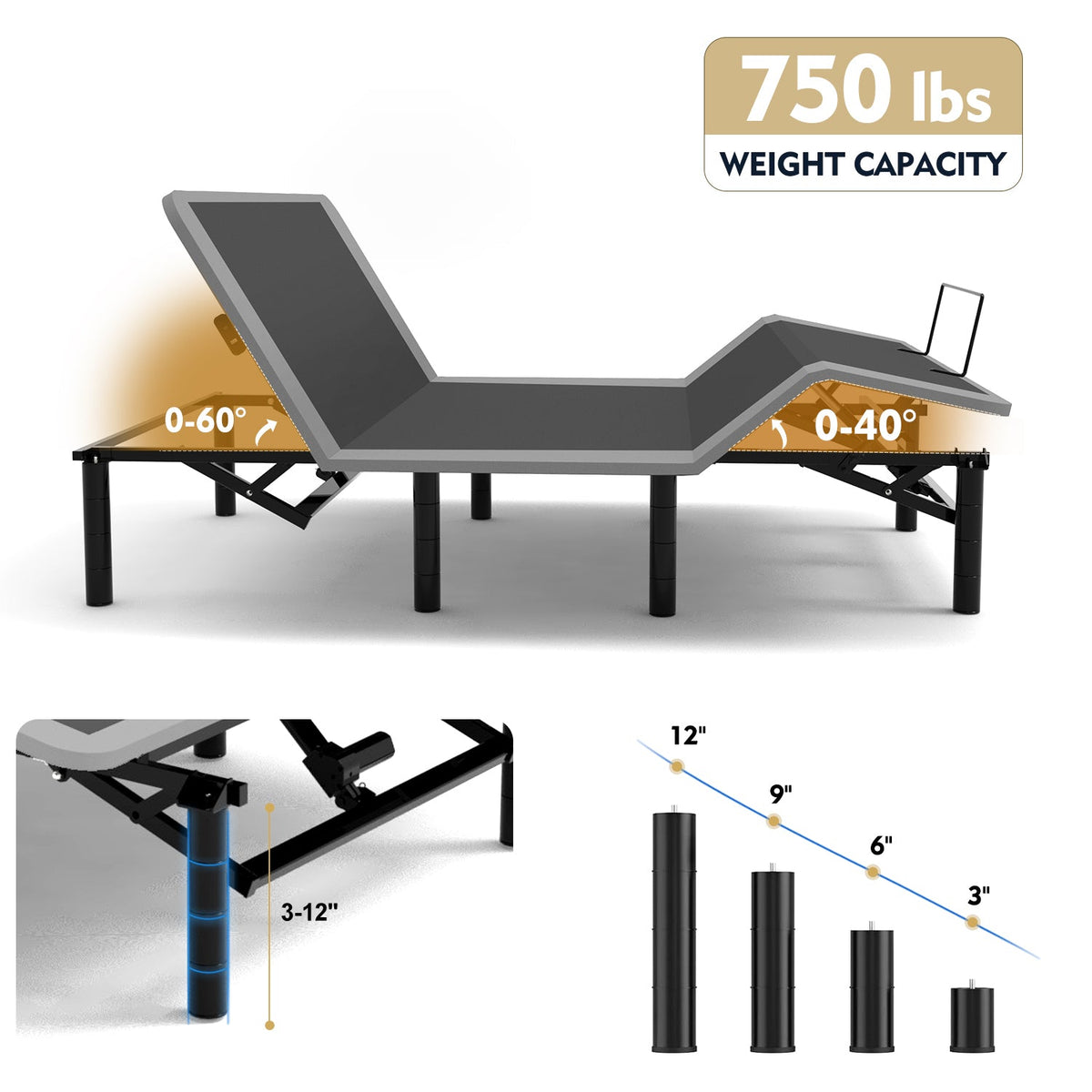 Adjustable Bed Frame with Massage Head & Foot Incline