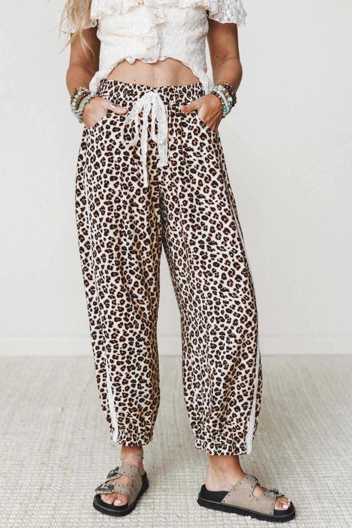 Black Leopard Print Ankle-Length Elastic Waist Pants