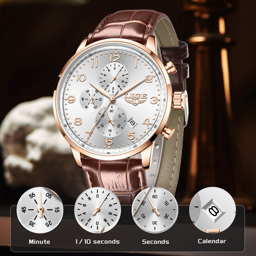 Multifunctional Calendar Leather Belt Waterproof Mens Business Mechanical Watch