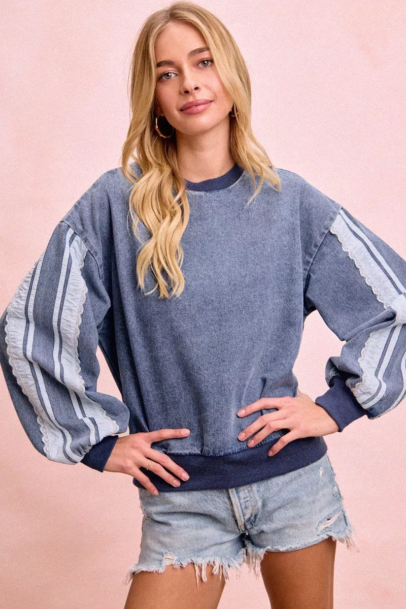 Washed Denim Lace Contrast Sided Sweatshirt by BiBi