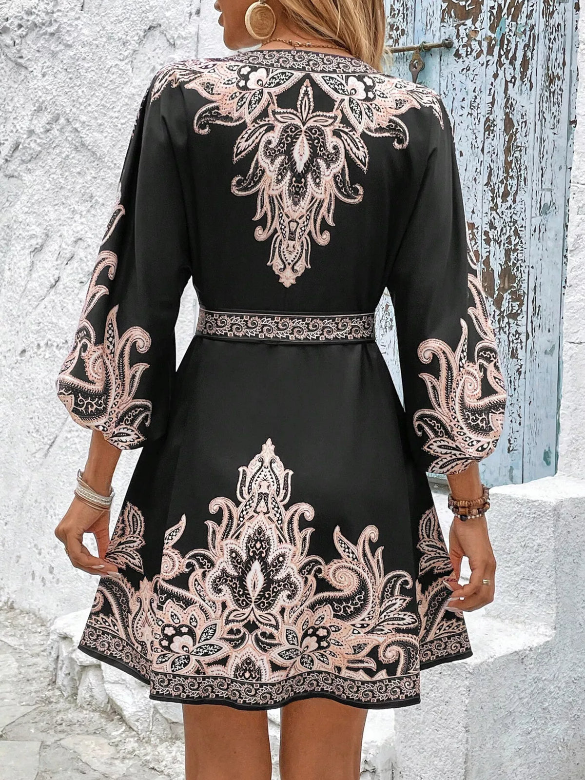 Paisley Print V-Neck Belted Mini Dress