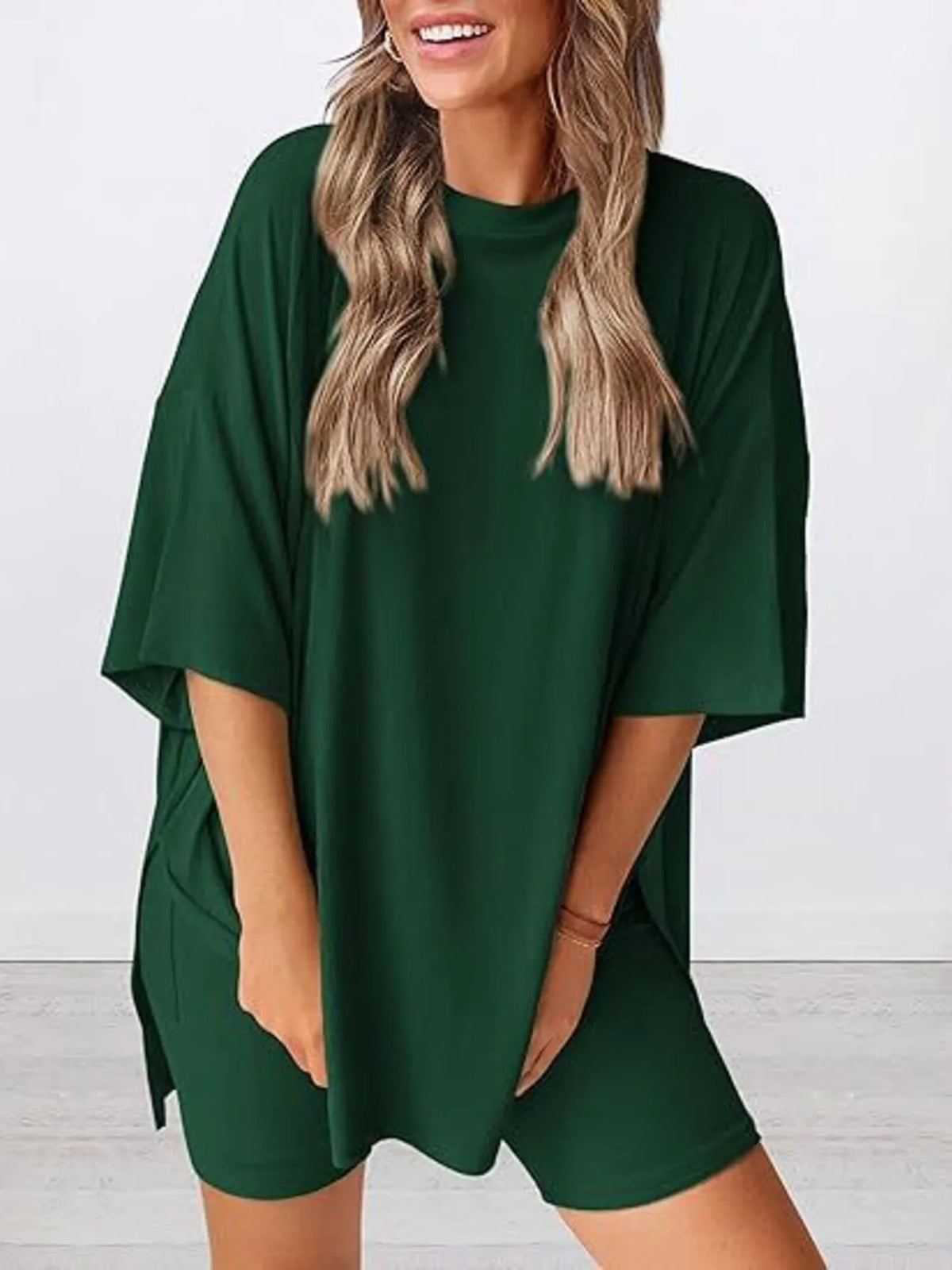 Full Size Oversized Slit Round Neck Top and Shorts Lounge Set Plus Size