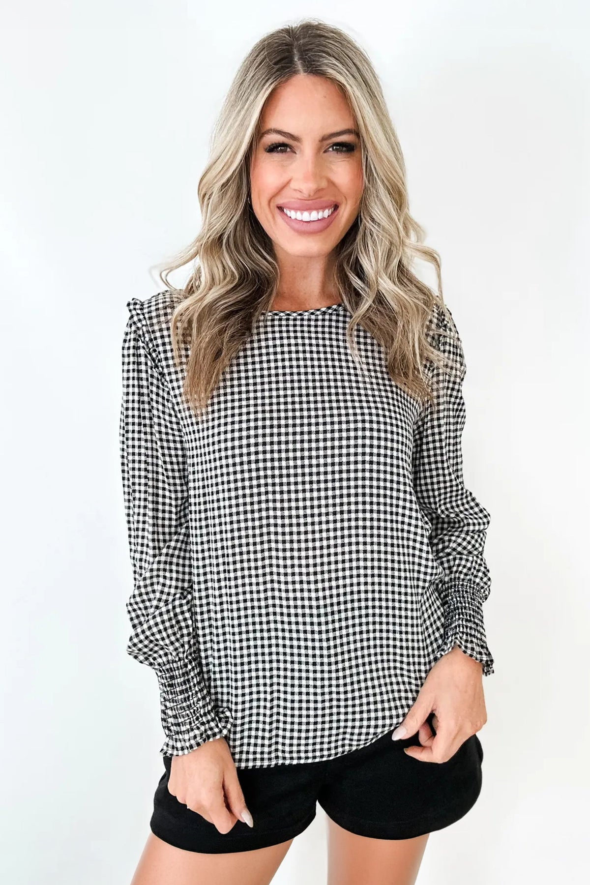 Black Plaid Shirred Cuff Long Sleeve Round Neck Blouse