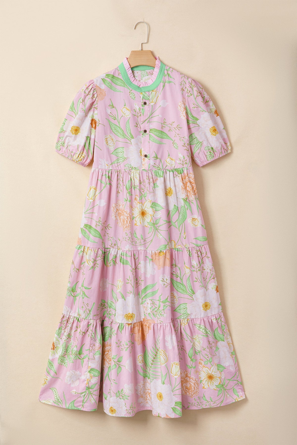 Floral Puff Sleeve Ruffle Tiered Maxi Dress