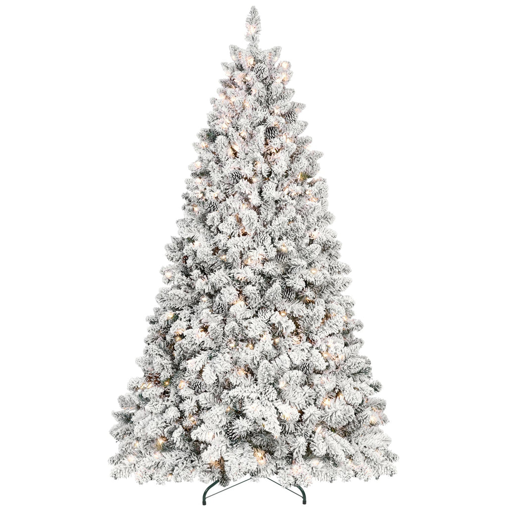 8FT Flocked Christmas Tree with 700 UL Lights and 54 Pine Cones