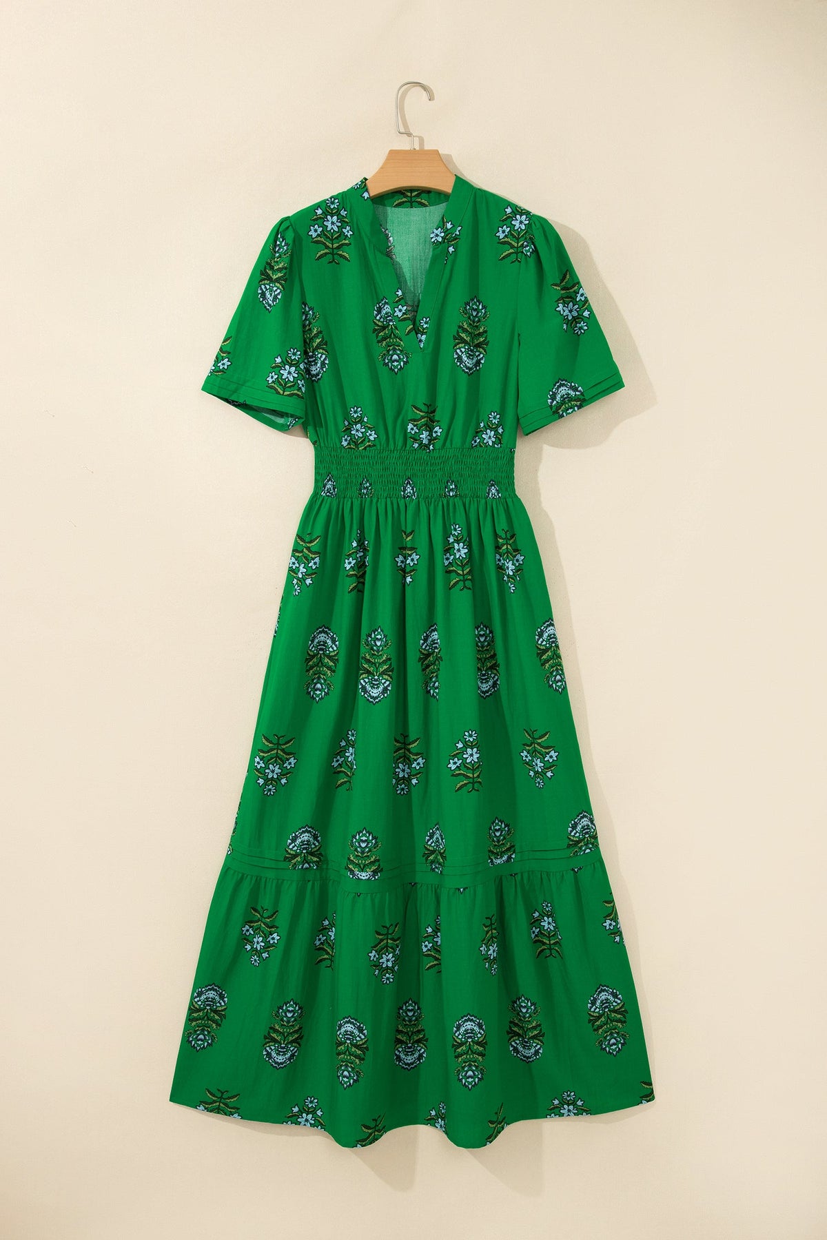 Floral Split Neck Shirred High Waist Maxi Dress