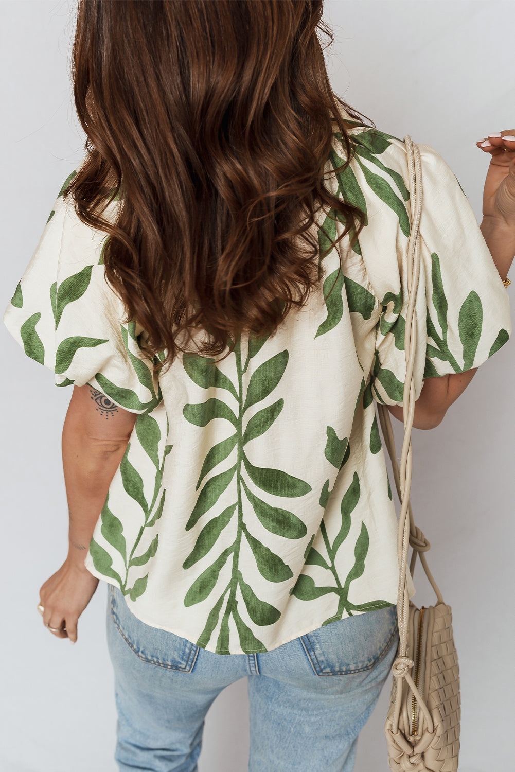 Green Leaf Print Short Balloon Sleeve Shirt