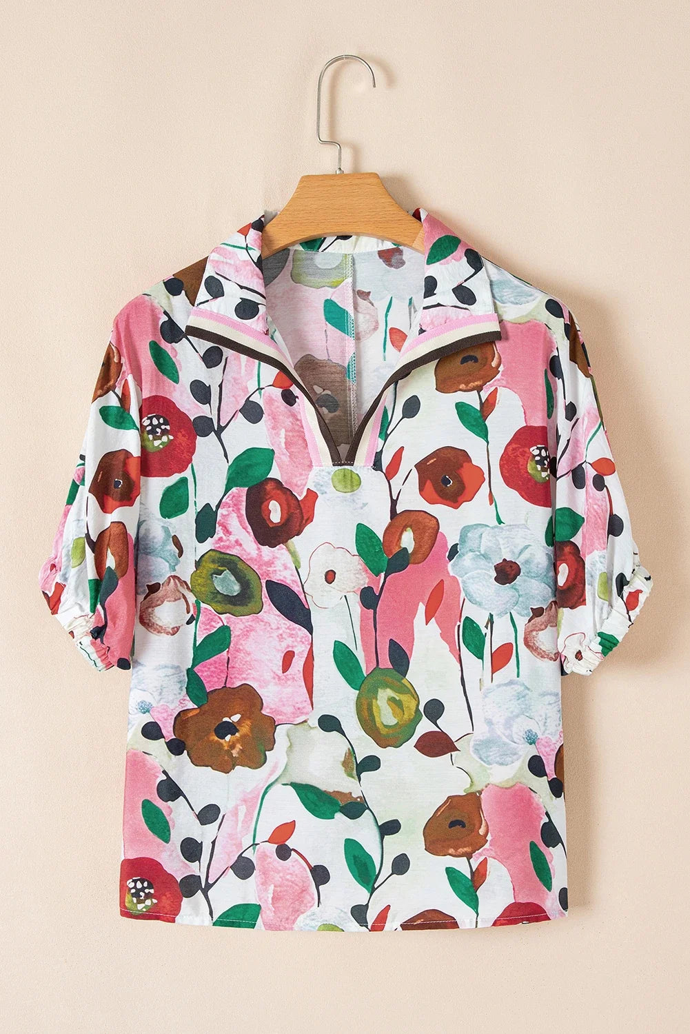 Floral Slit V-Neck Short Sleeve Blouse