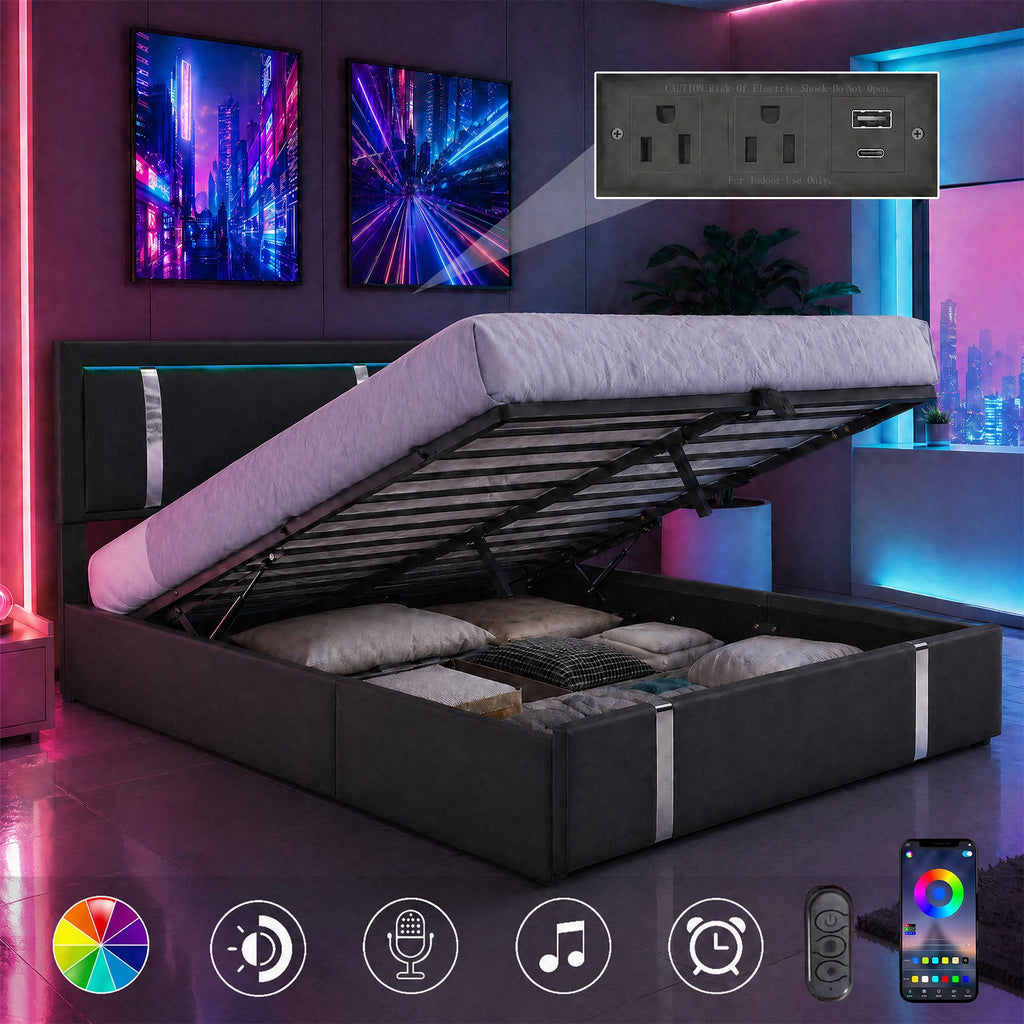 Full Size Lift Up Storage Bed Frame with LED Headboard