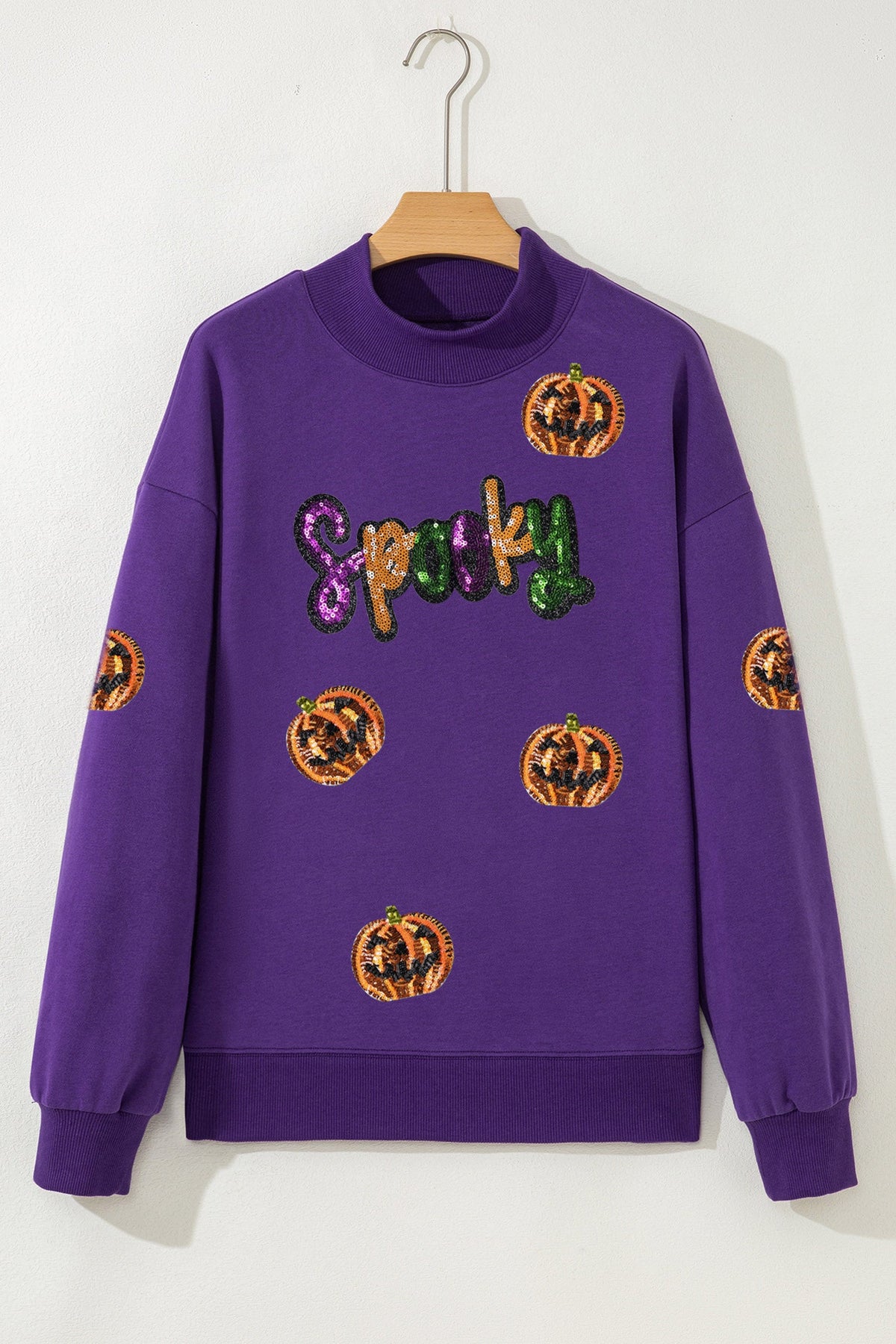 Tillandsia Purple Sequin Pumpkin Spooky Graphic Halloween Pullover Sweatshirt
