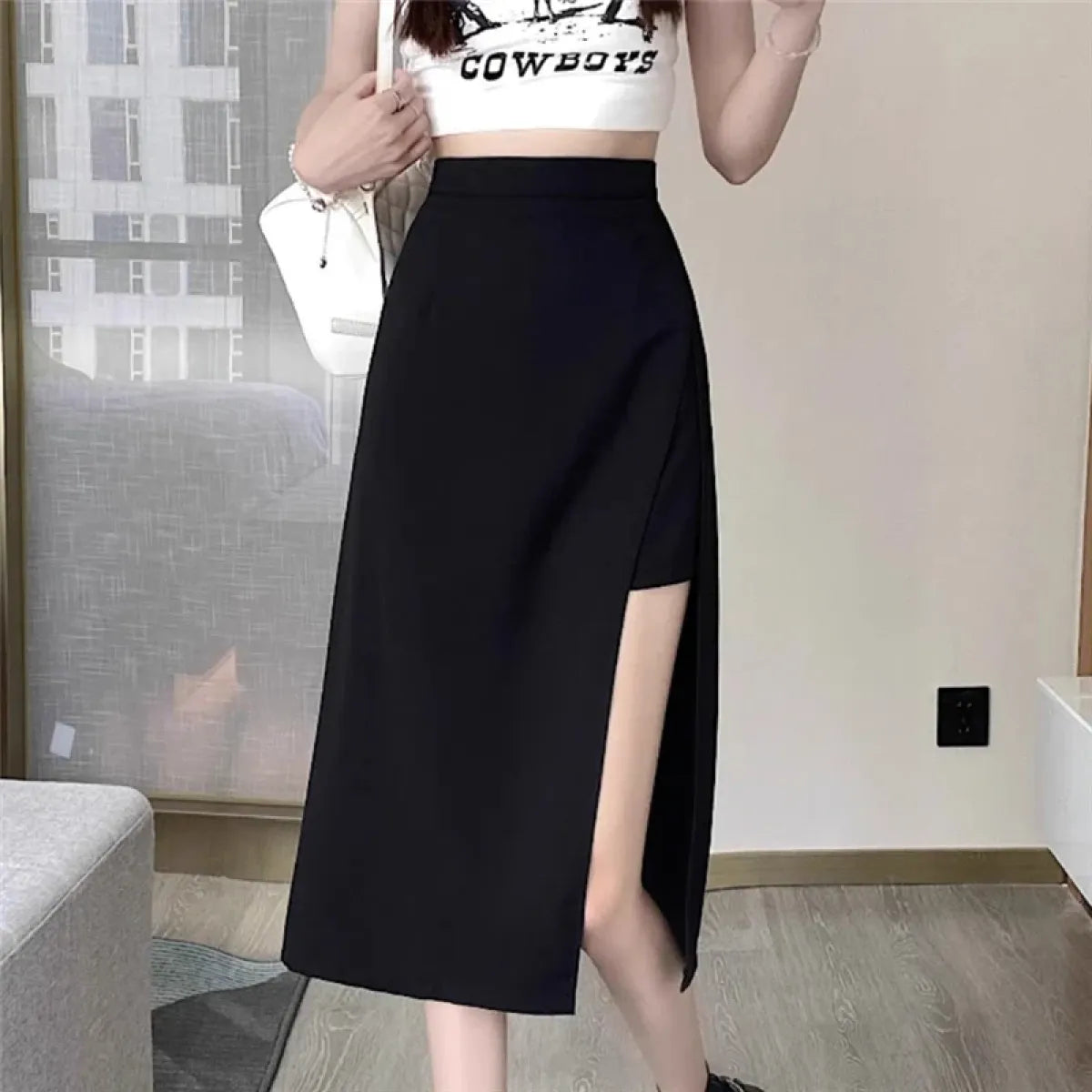High Waist Harajuku Split Skirt – A-Line Irregular Mid-Length Skirt