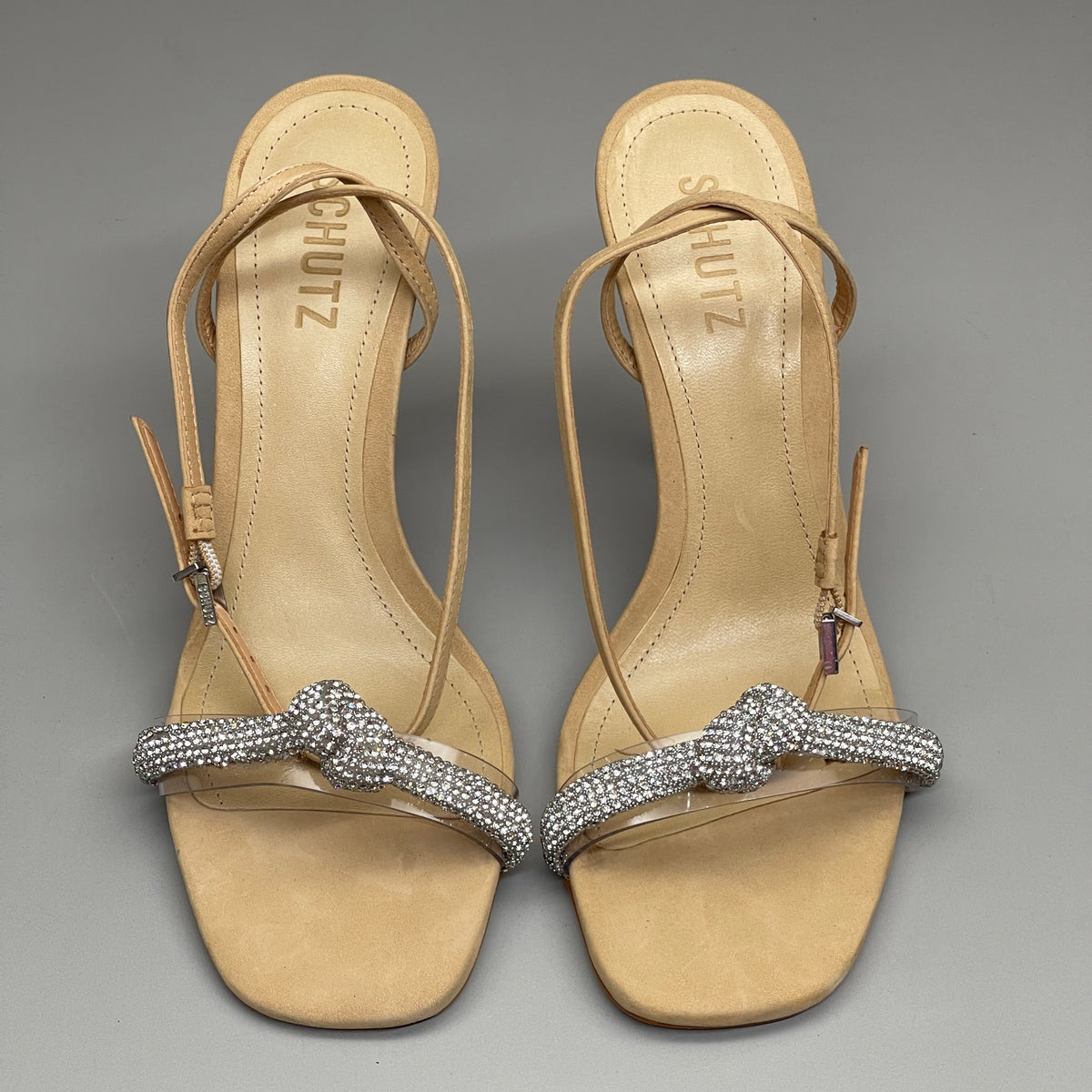 SCHUTZ Peaky Nubuck & Vinyl Multimaterial Women's Sandal Heel Light Nude Sz 8.5B (New)