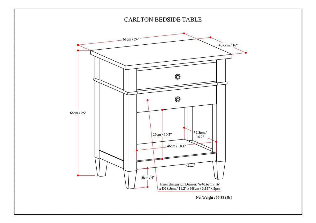 Carlton 24 Inch Wide Solid Wood Bedside Table in Distressed