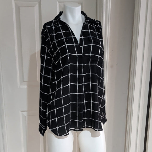 Ann Taylor Factory Black and White Checkered Sheer Long Sleeve Blouse M
