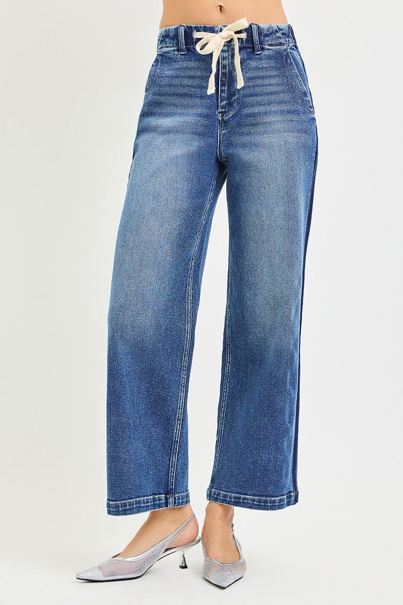 Medium Wash Elastic Band High Rise Cropped Wide Jeans by Risen