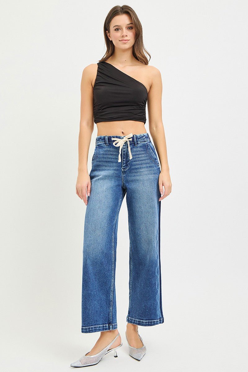 Medium Wash Elastic Band High Rise Cropped Wide Jeans by Risen