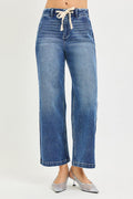Medium Wash Elastic Band High Rise Cropped Wide Jeans by Risen
