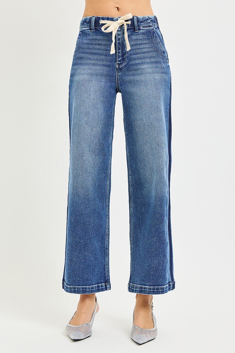 Medium Wash Elastic Band High Rise Cropped Wide Jeans by Risen