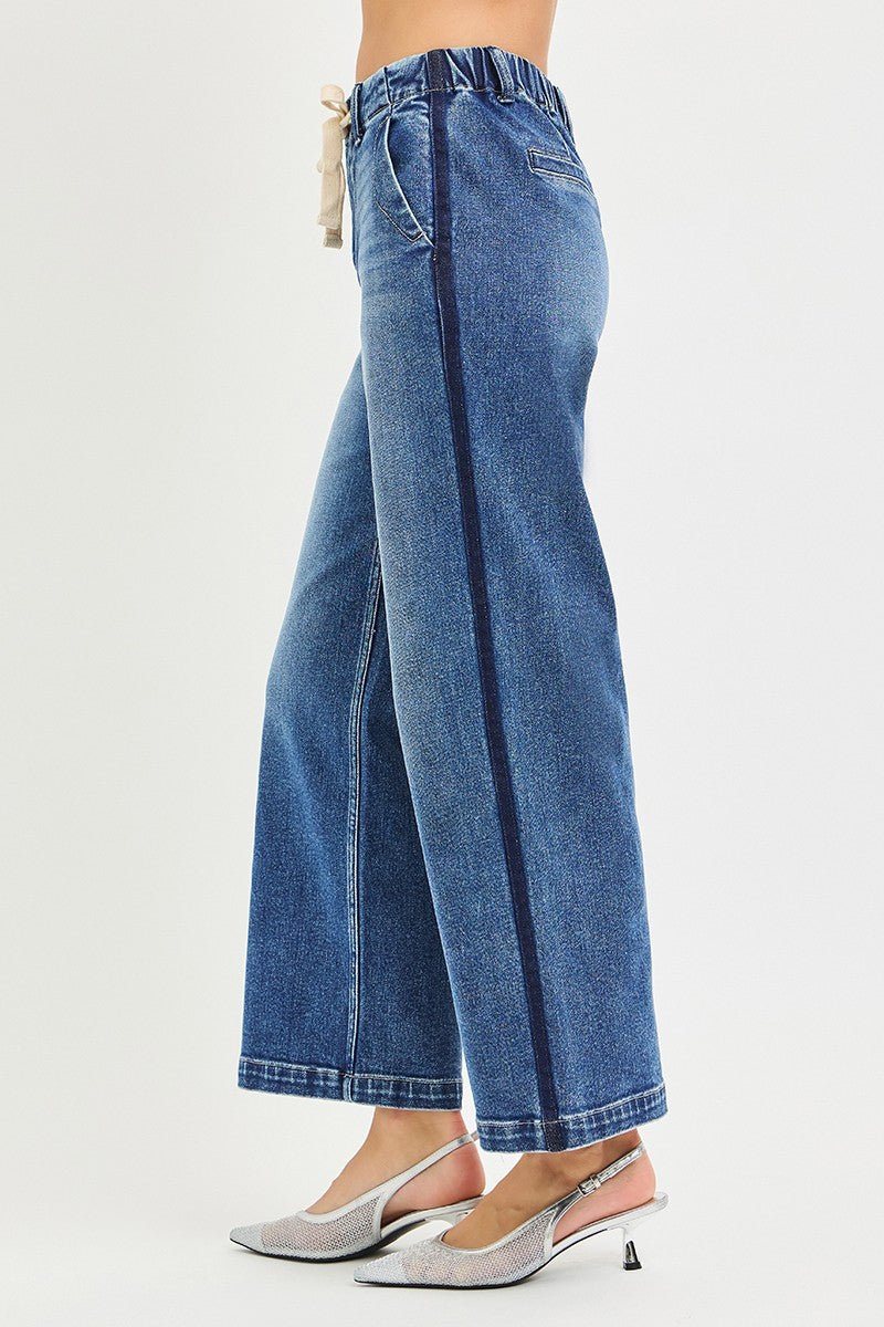 Medium Wash Elastic Band High Rise Cropped Wide Jeans by Risen